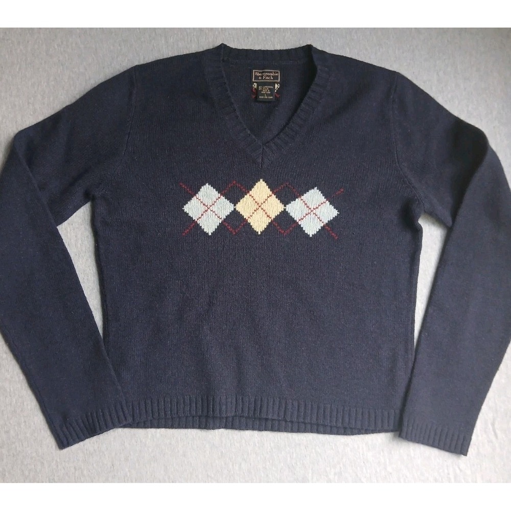 Vintage Abercrombie Sweater Large Womens Lambswool Cropped Argyle Y2k Preppy